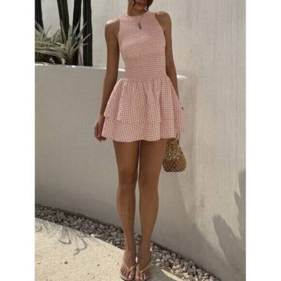 New Blue Plaid Sleeveless Bodycon Mini Dress, Sweet French Style For Vacat - Picture 5 of 7